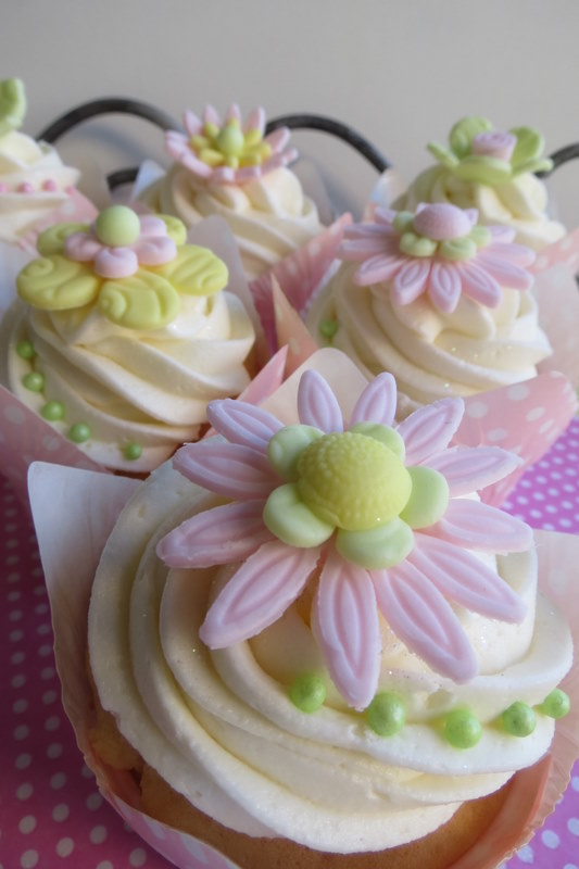 Pastel Pink, Green & Yellow Flower Cupcakes